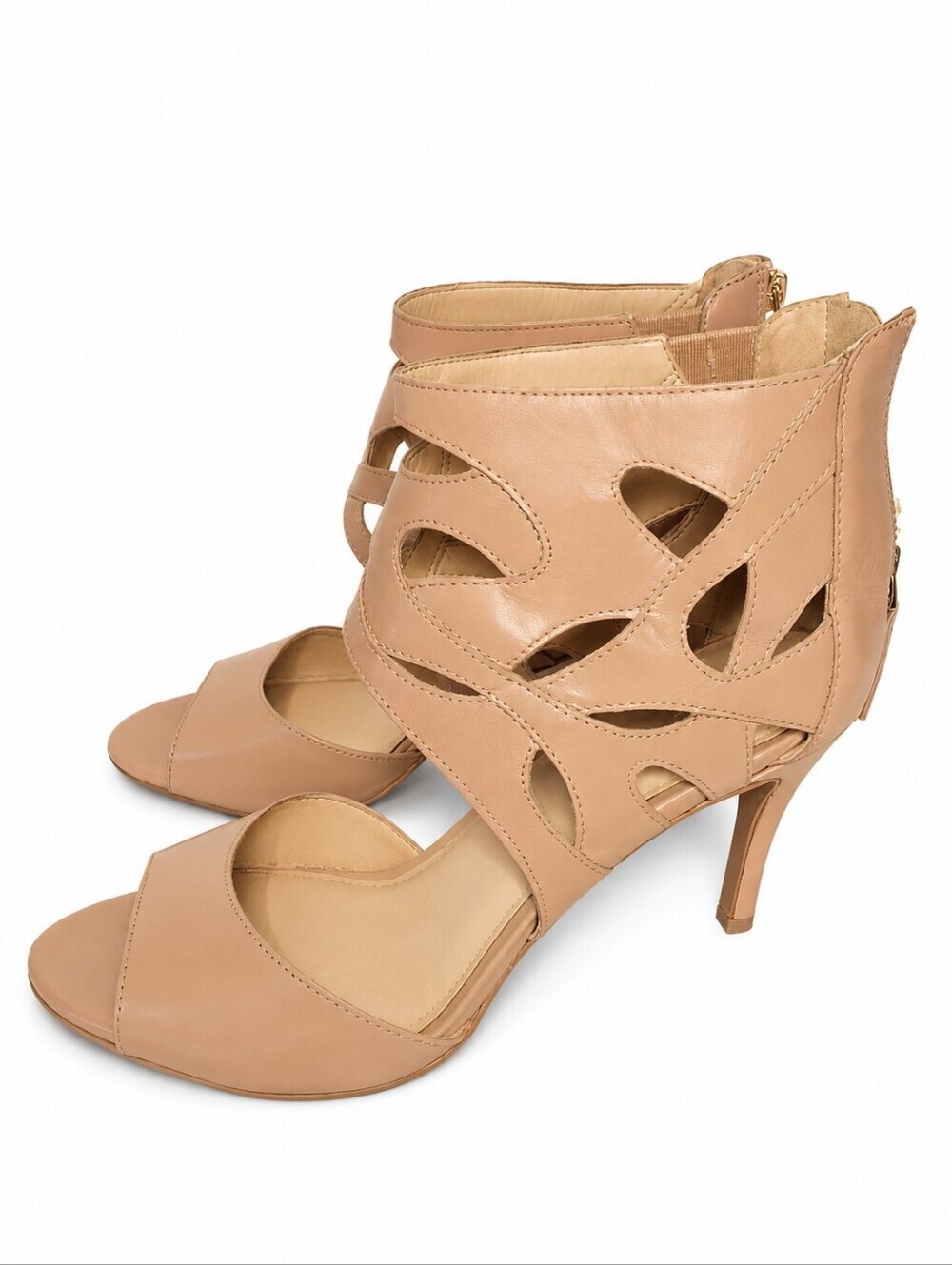 Nine West Nude Leather Cutout Zip Open Toe Heeled Sandals Abeyama  9
